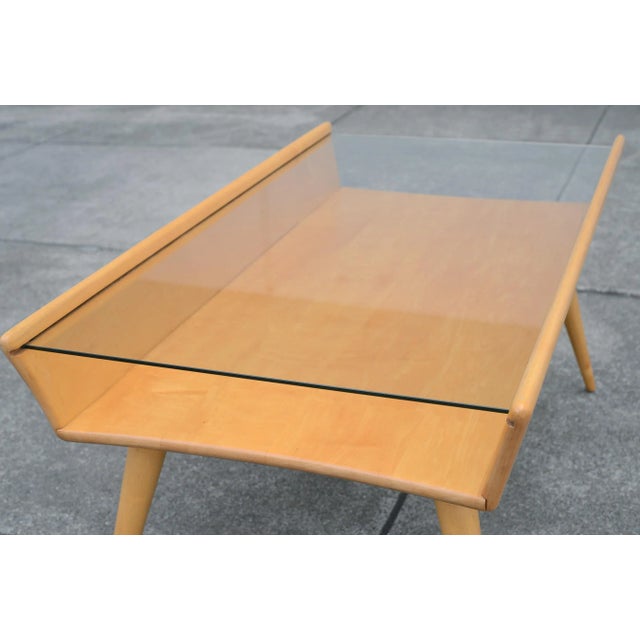 Tan MCM Heywood Wakefield Maple Wood & Glass Coffee Table With Shelf For Sale - Image 8 of 13