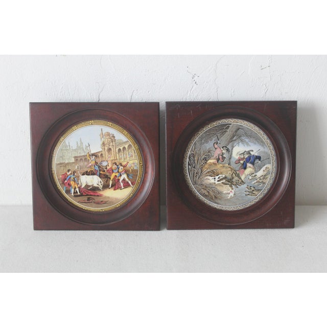 Brown Vintage Kirkhams Ltd. English Ceramic Plates Harwood Frames Bull Fight, the Boar Hunt Mid-Century- a Pair For Sale - Image 8 of 8