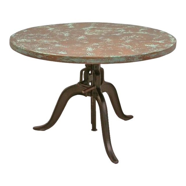 Vintage Industrial Copper Table with Adjustable Crank Cast Iron Base Circa 1970s with Original Pattina For Sale