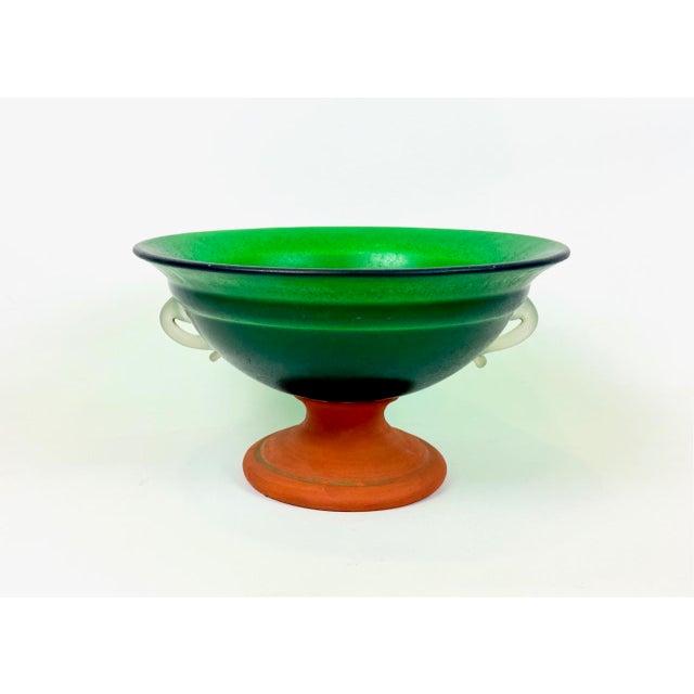 Mid-Century Modern Emerald Green Frosted Glass and Terracota Pedestal Bowl, 1950s For Sale - Image 13 of 13