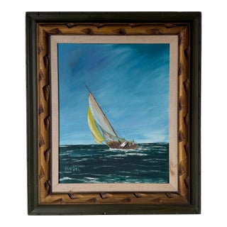 Vintage Sailboat Seascape Oil Painting on Board – Framed For Sale