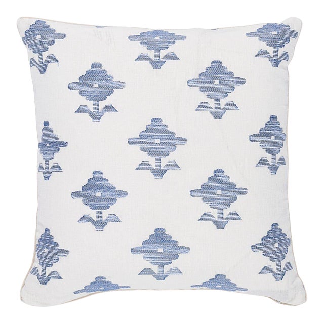 Schumacher Rubia Embroidery 16" Pillow in Blue For Sale