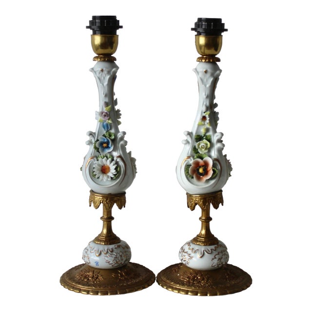 Vintage FBAI Italian Porcelain Brass Hand Crafted Flower Details Table Lamps- A Pair For Sale