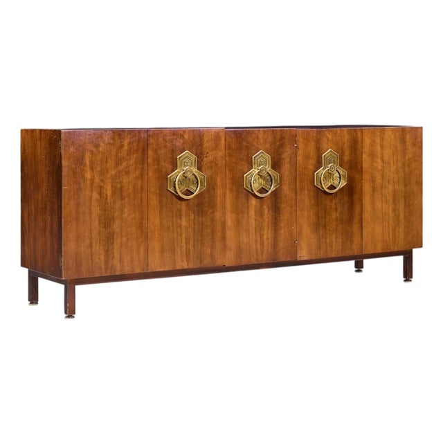 Bert England for the John Widdicomb Orientation Group Mid Century Walnut and Brass Credenza For Sale