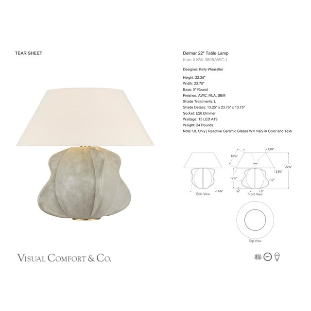 Kelly Wearstler by Visual Comfort Signature Delmar 22" Table Lamp in Antiqued White with Linen Shade Designer: Kelly...