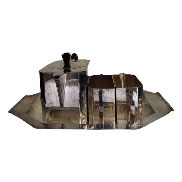 Art Deco Silver-Plated Copper Cube Tea Service from John Round & Son Sheffield, England, 1930s, Set of 3 For Sale