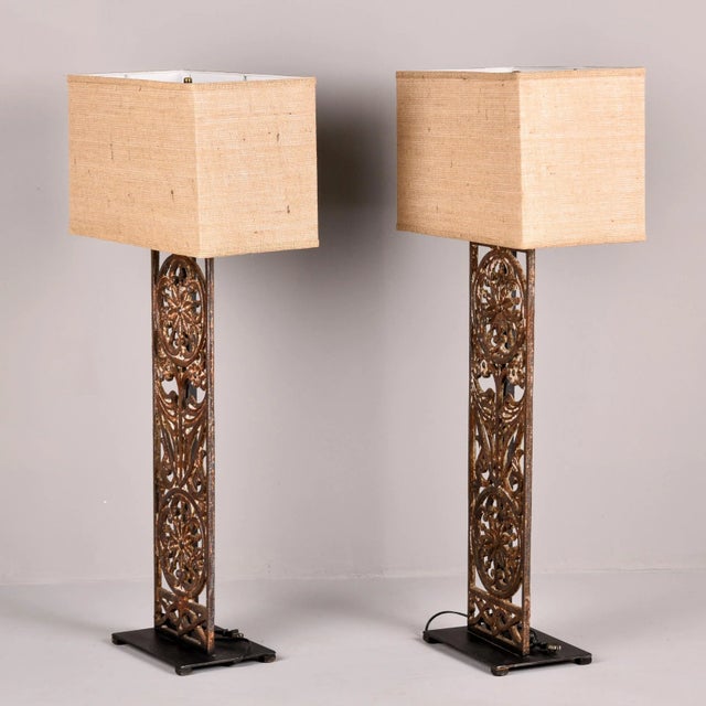 Tall Lamps With 19th Century Belgian Iron Base and Custom Shades - Pair For Sale - Image 4 of 12