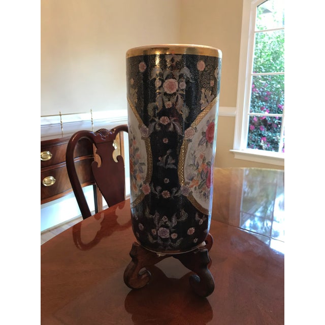 Vintage Heavy Porcelain Floral Umbrella Stand. Rich deep Cobalt Blue multi colors with textured gold accents. Urn height...
