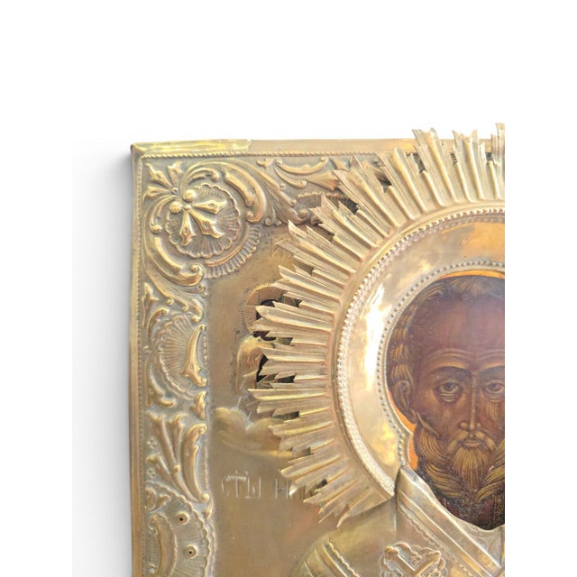 Metal Russian Artist, Icon of Saint Nicholas with Silver-Plated Metal Oklad, 1880, Metal and Silver For Sale - Image 7 of 12