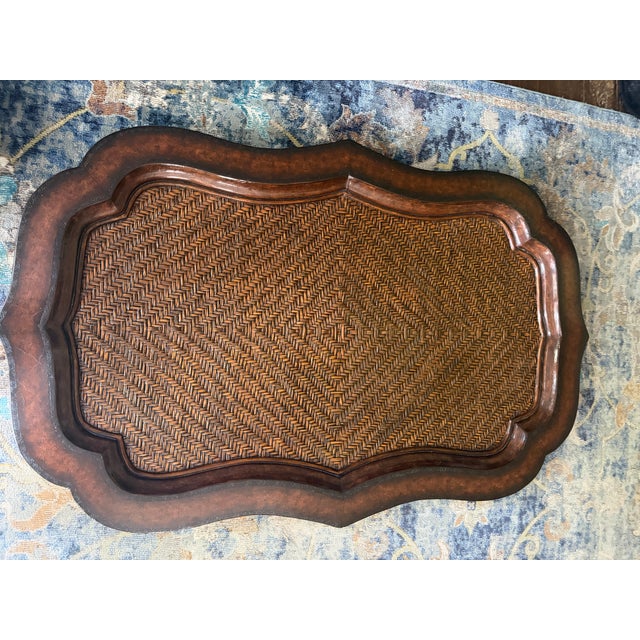 1980s Maitland-Smith Regency Faux Bamboo Base Leather and Wicker Tray Top Coffee Table For Sale - Image 15 of 18