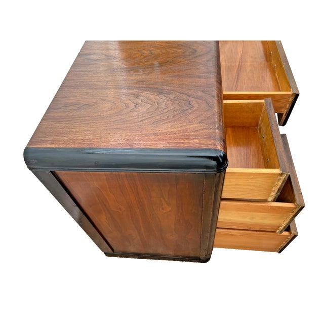 1930s Art Deco Desk Waterfall Top Seven Dovetail Bakelite Drawers Burl Walnut Carved For Sale In Palm Springs - Image 6 of 12
