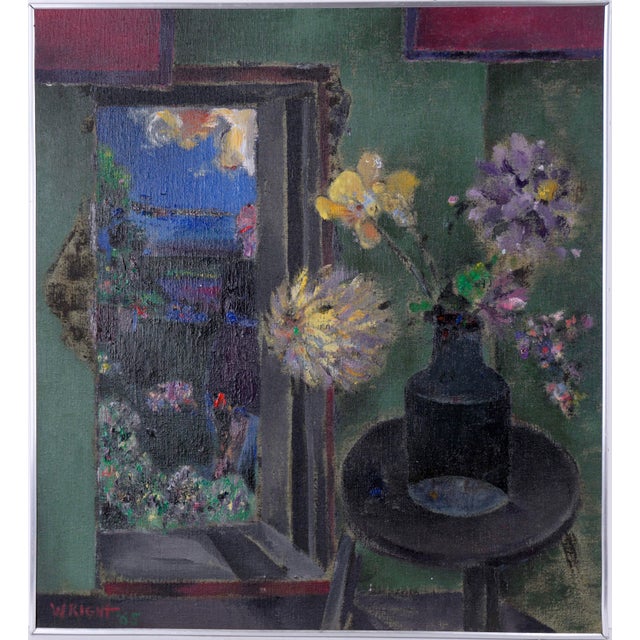 Vase at Dusk - Expressionist Still Life Original Oil Painting by Wright Brightly colored flowers sit in a vase on a table...