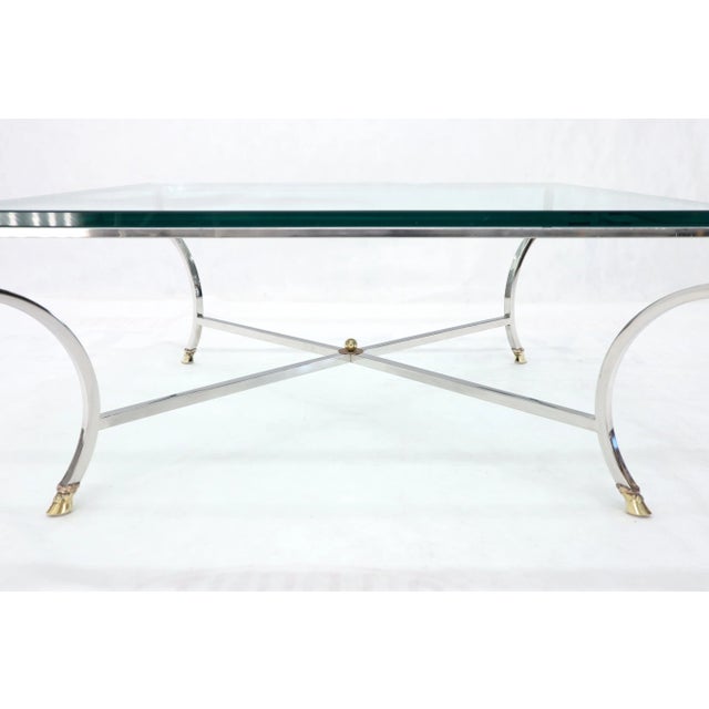 Metal Square Chrome and Brass Hoof Feet Base Coffee Table Thick Glass Top For Sale - Image 7 of 12