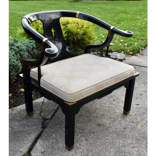Vintage Century Chair Black Lacquer Horseshoe Ming Chair Brass Accents For Sale - Image 16 of 17
