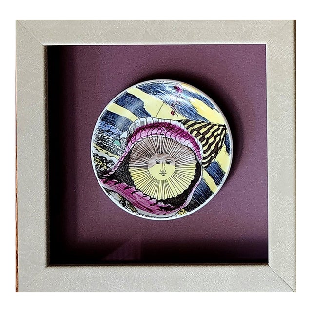 Piero Fornasetti “12 Mesi, 12 Soli” Porcelain Coaster, August, Sun in a Seashell, Framed For Sale