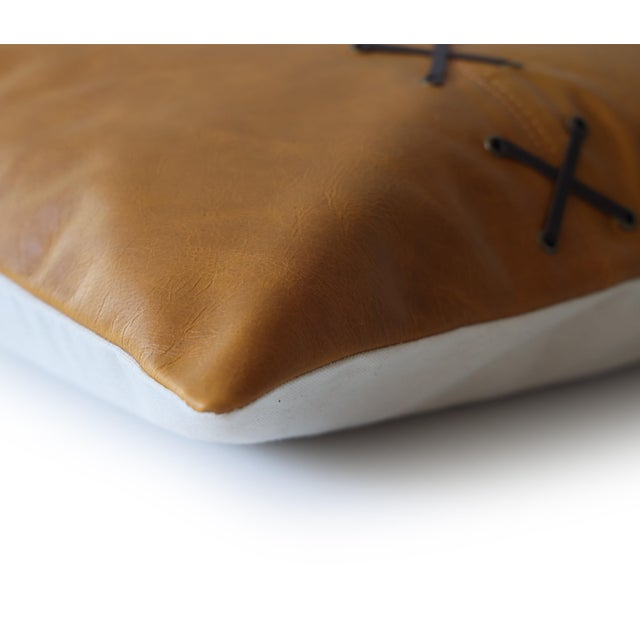 Brown Luxury Camel Leather Lace Throw Pillow 16x24 | Handmade Designer Lumbar Cushion With Cross-Laced Detail For Sale - Image 8 of 10