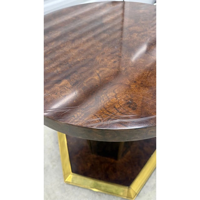 1970s Vintage Dining Table Attributed to Henredon in Burled Wood and Brass With Glass Top For Sale - Image 10 of 13