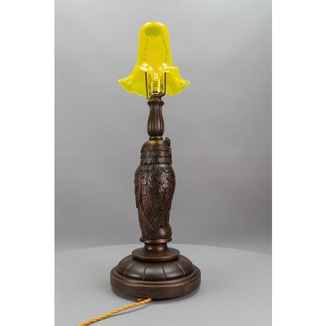Art Deco Table Lamp with Owl Sculpture and Yellow Glass Lampshade, 1920s For Sale - Image 9 of 18