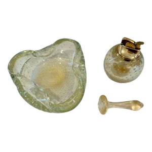 Mid-Century Modern Italian Murano Ashtray Dish, Pestle Snuffer & Table Lighter W/22k Gold Aventurine Infusions & Bullicante Air Bubbles - 3 Pcs