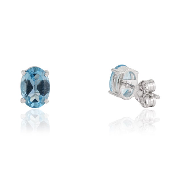 Not Yet Made - Made To Order Classic 5x7mm Oval Blue Topaz Four Prong Stud Earrings in 925 Sterling Silver - A Pair For Sale - Image 5 of 13