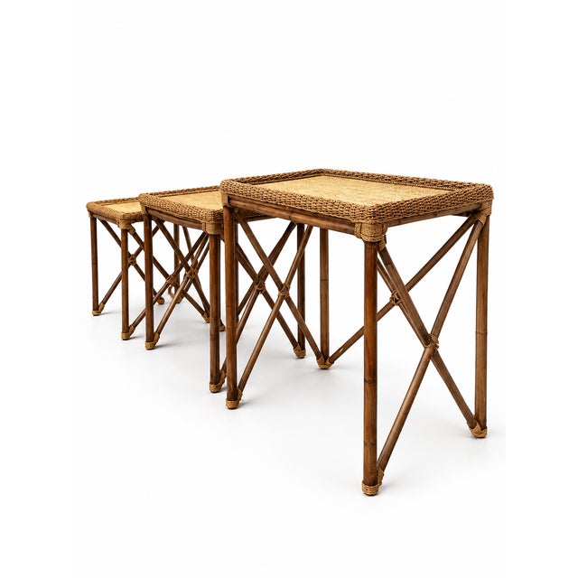 Wood 1970s Vintage Coastal Bamboo & Woven Rattan Nesting Tables – Set of 3 For Sale - Image 7 of 7