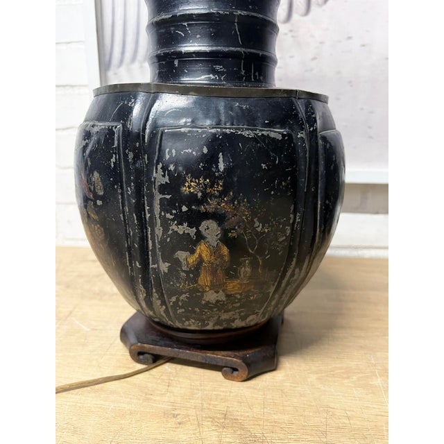 Ebony Antique Chinese Tea Canister Tole Lamps - a Pair For Sale - Image 8 of 12