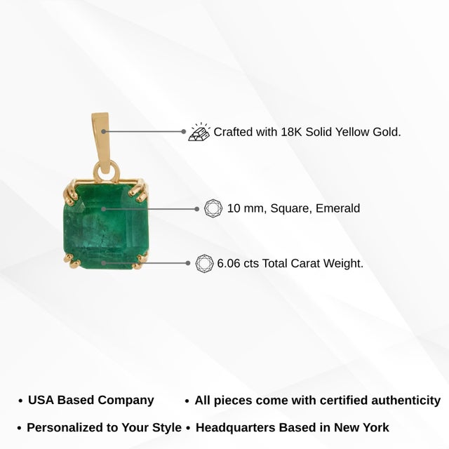 Square Cut 6.06ct Emerald Solitaire Double Prong 18k Yellow Gold Pendant For Sale - Image 12 of 16