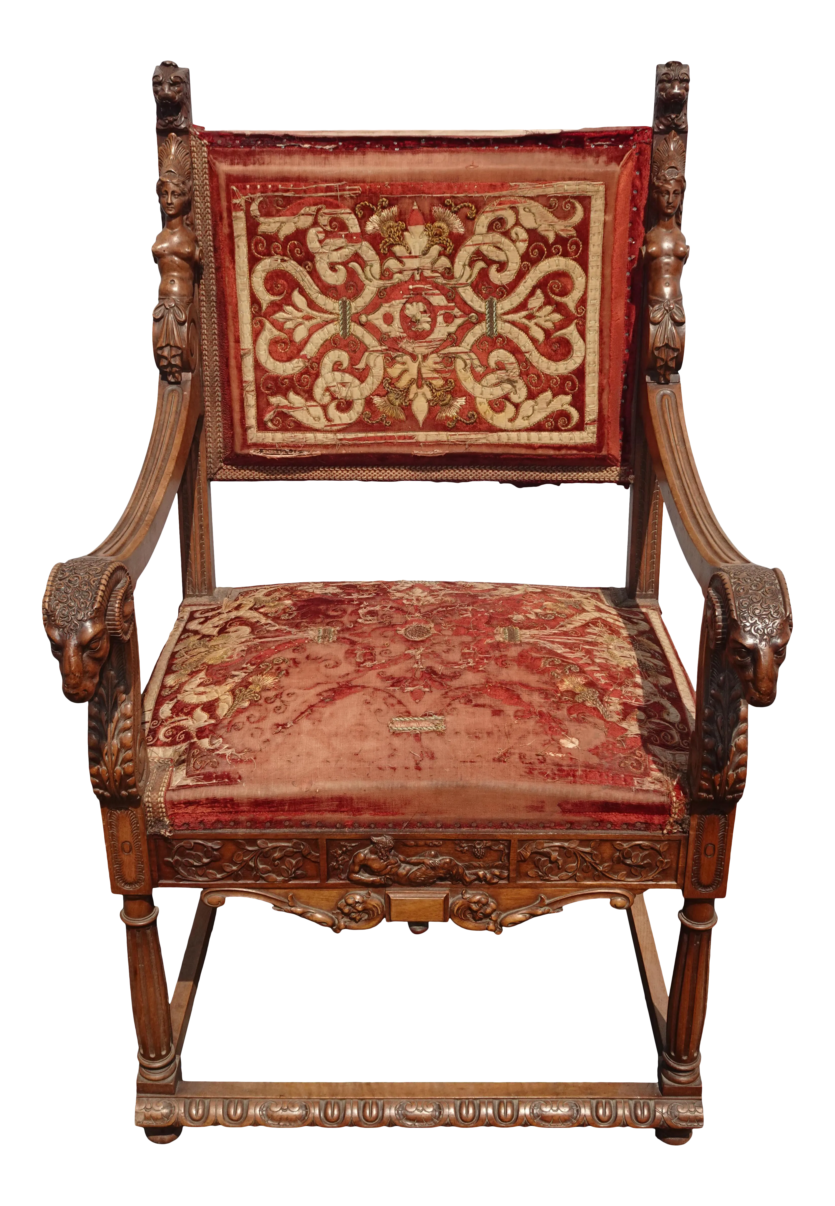 19th Century French Highly Carved Accent Chair W Rams Head Rests & Lion Finials - image 0