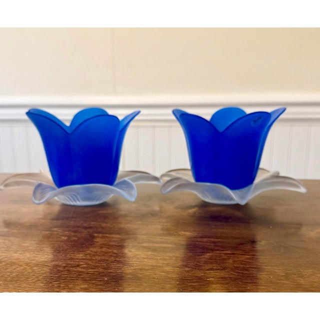 1970s Pair of Blue Tulip Glow Candle Holders Made in Italy For Sale - Image 9 of 12