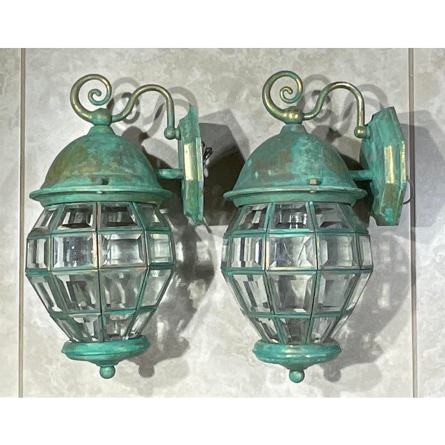 Funky Vintage Pair of Solid Brass Verdigris Wall Lanterns - 14”h X 7” W X 8”.5 D For Sale - Image 9 of 17