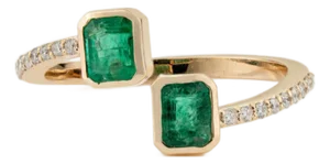 14k Gold Open Bypass Octagon Cut Emerald & Diamond Toi Et Moi Ring Size 4