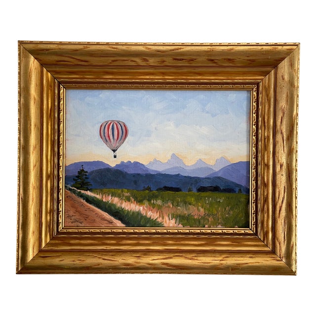Contemporary Oil on Canvas Landscape With Hot Air Balloon, Signed & Framed For Sale