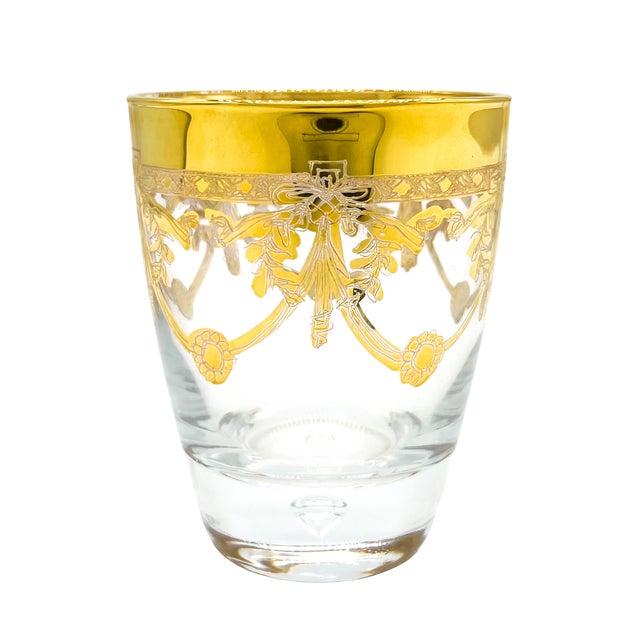Glass Set of 4 Italian Gilt Laurel & Tassel Lowball Glasses by Cre Art – Hollywood Regency / Neoclassical For Sale - Image 7 of 11