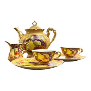 Lefton China Tea for Two Set – Heritage Brown Fruit Pattern – Hand Painted 1960s Tea Service