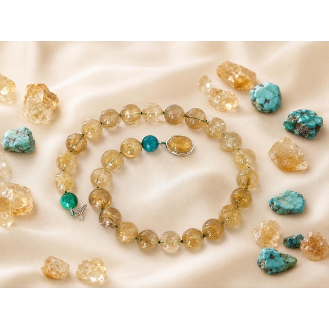Rutilated Quartz & Turquoise Beaded Necklace by Noblesse Oblige Studio, 18" For Sale - Image 13 of 13