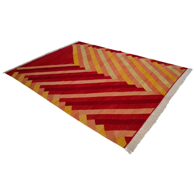 Modern Geometric Handmade Turkish Rug Kilim Chevron Oushak - 7x10 Ft Approx For Sale - Image 4 of 14