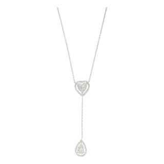 Diamond Halo Heart & Teardrop Lariat Necklace in 14k White Gold, 16 Inches For Sale