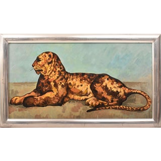 Leopard Portrait, Oil on Cardboard, Mid-20th Century For Sale