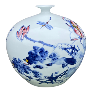 Artisan Floral & Dragonfly Porcelain Vase