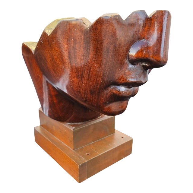 Stunning Large Mid Century Neoclassical Carved Wood Head Signed Macias Mexican Artist For Sale
