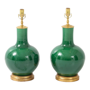 Pair of Emerald-Green Glazed Gourd Lamps
