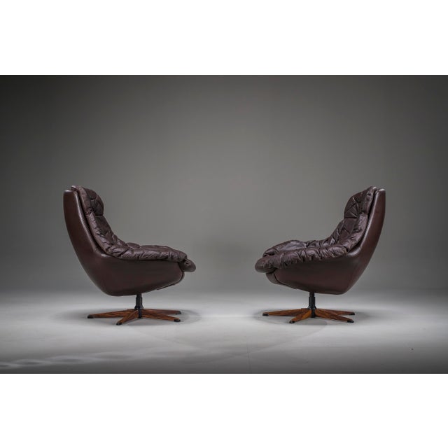 A beautiful pair of Danish Modern leather lounge chairs designed by Henry Walter Klein for Bramin in the 1970s....