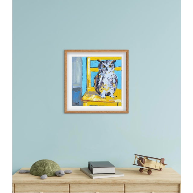 Textile Owl on Yellow Chair Oil Painting Original For Sale - Image 7 of 7