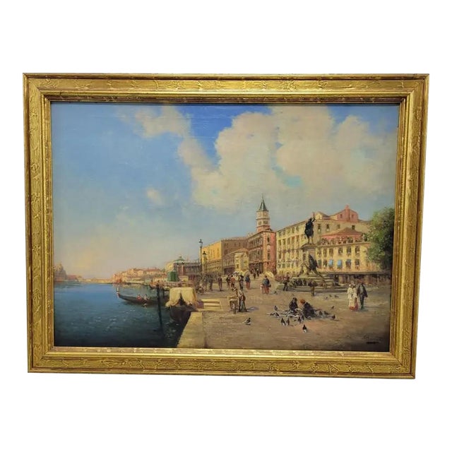 Large Antique Venice Piazza San Marco Oil Painting by Nicholas Briganti in Gilt Frame For Sale