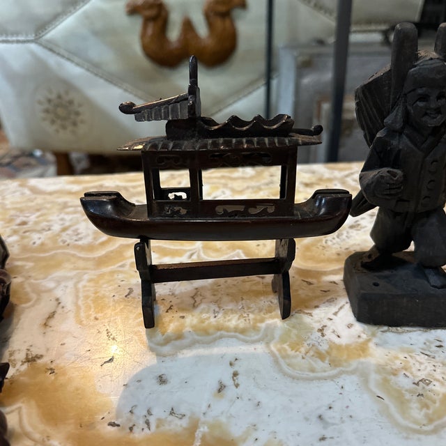 1970s Vintage Instant Collection of Wooden Asian Figures and Ship on Stand- Set of 6 For Sale - Image 5 of 8