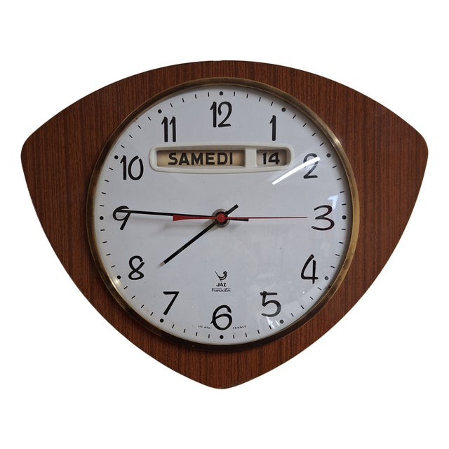 Mid-Century French Wall Clock with Date and Day Display by Jaz, 1960s For Sale