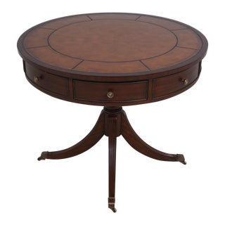 Ethan Allen Round Leather Top Drum Table For Sale