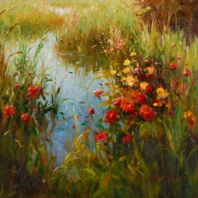 Vera Oxley's Floral Estuary invites the viewer into a serene, painterly vision of nature where vibrant blooms meet...