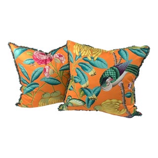 Pair of Orange Botanical Manual Canovas Pillows For Sale