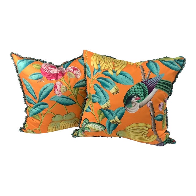 Pair of Orange Botanical Manual Canovas Pillows For Sale